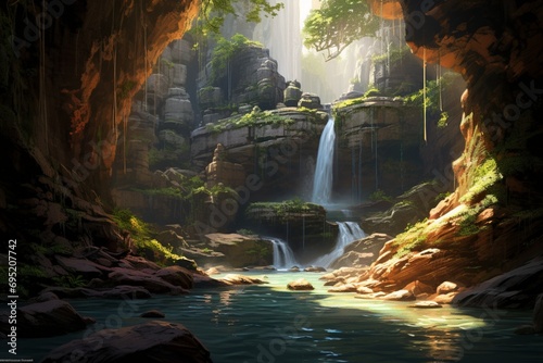 A cascading waterfall in a hidden canyon  with sunlight streaming through a natural skylight above