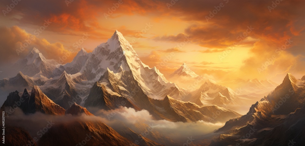 Majestic mountain peaks kissed by the sunrise, casting a golden glow ...