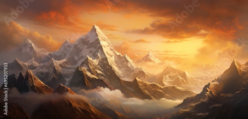 Majestic mountain peaks kissed by the sunrise, casting a golden glow over rugged terrain.