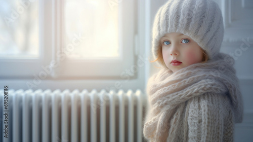 Frozen sad little girl wearing a hat, scarf and sweater in her home next to a cold radiator
