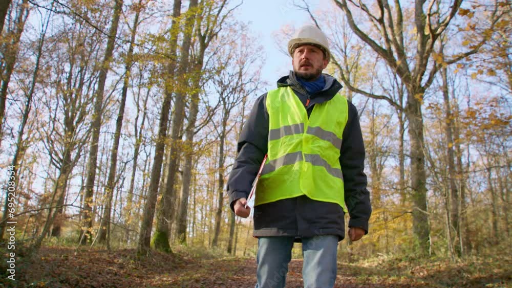 male engineer in safety vest and hard hat walking in the woods alone while carrying clipboard, handheld tracking shot male engineer in safety vest and hard hat walking in the woods alone while carrying clipboard, handheld tracking shot