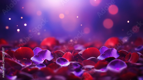 Pink and red roses petals on a bokeh background.