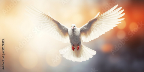 White dove flying in the air with bokeh background. Freedom concept. © tashechka