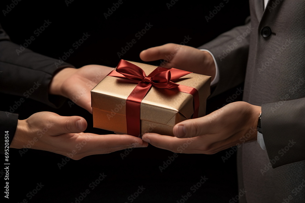 closeup couple hand giving gift box