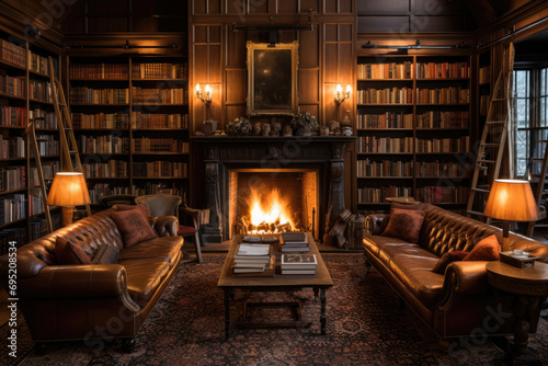 A cozy hotel library with wall-to-wall bookshelves, leather armchairs, and a fireplace photo