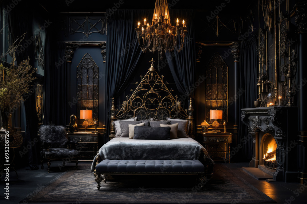 Fototapeta premium A gothic-inspired bedroom with dark walls, a four-poster bed, and candelabras