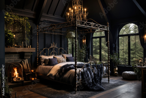 A gothic-inspired bedroom with dark walls, a four-poster bed, and candelabras
