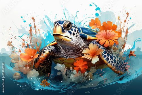 Digital print style , cartoon turtle with colourful flowers