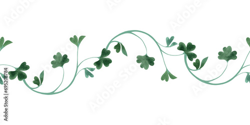 Seamless border made from shamrock clover branches. Decoration for St. Patrick's Day. Isolated watercolor illustration on white background. Clipart. photo