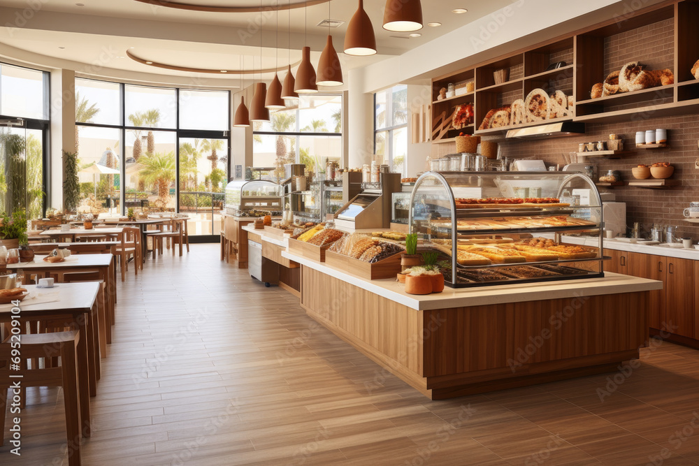A hotel breakfast buffet area with a variety of food stations, seating, and a cheerful decor