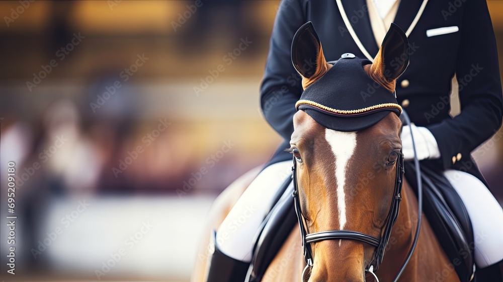 Dressage horse portrait before the competition. Photo on dark background. - obrazy, fototapety, plakaty 