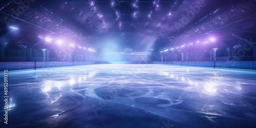 empty ice rink gleams under bright lights, inviting skaters to carve the ice. © maniacvector