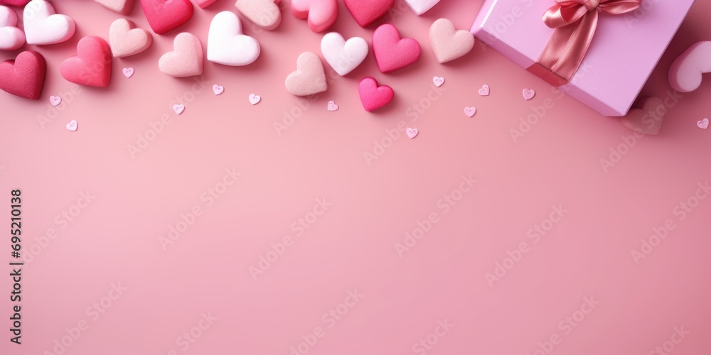 Pink Gift box and festive hearts on pink background. Gift , flat lay, top view