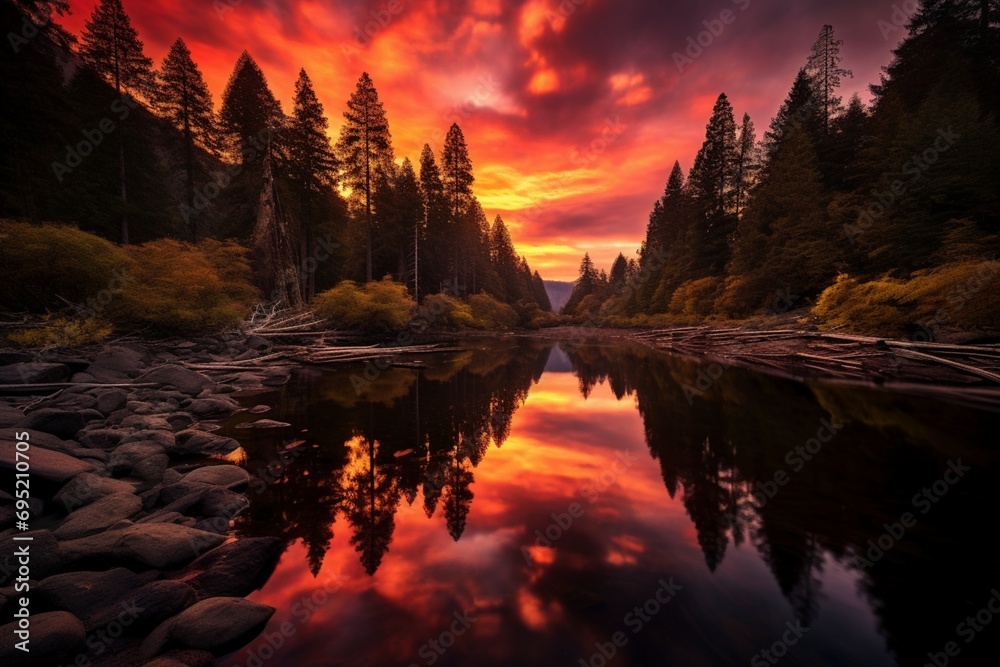 A gentle curve of a river reflecting the fiery hues of a sunset, framed by ancient redwood trees