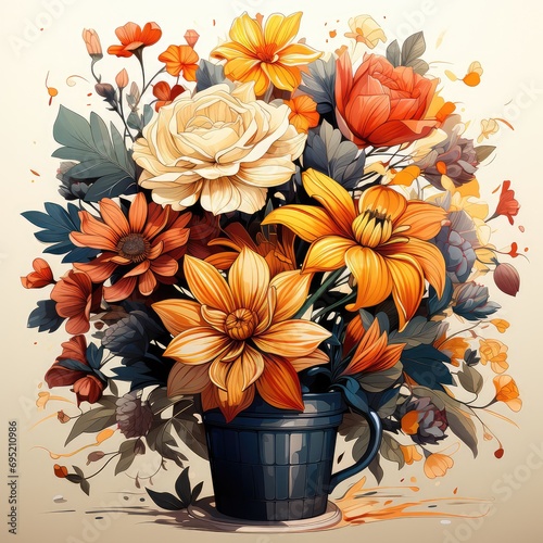 a bunch of flowers in a pot on a table. Generative AI