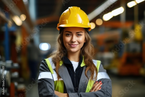 Portrait of young female worker in safety helmet smiling at camera in factory. Engineer woman worker
