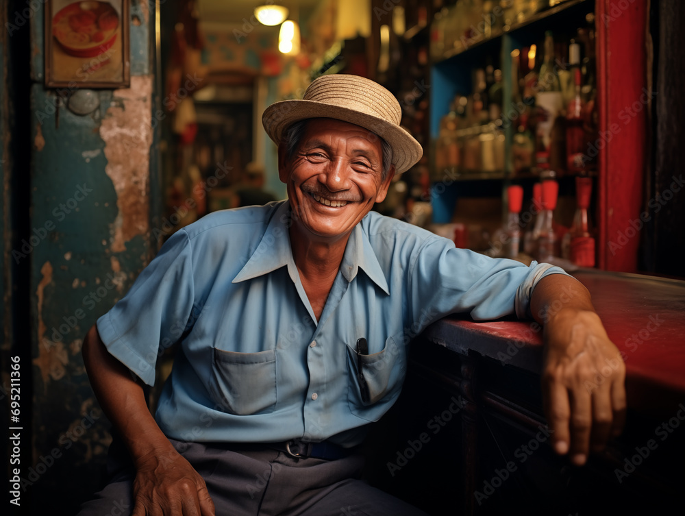 An elderly Latin American, Mexican man in the hat on the street of a Latin American city. National Festival. A happy, not rich man. Photorealistic. 