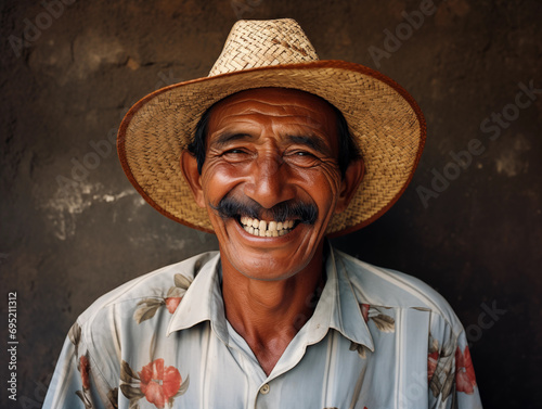 An elderly Latin American, Mexican man in the hat on the street of a Latin American city. National Festival. A happy, not rich man. Photorealistic.