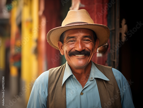 An elderly Latin American, Mexican man in the hat on the street of a Latin American city. National Festival. A happy, not rich man. Photorealistic, background with bokeh effect.  © Mariia Mazaeva