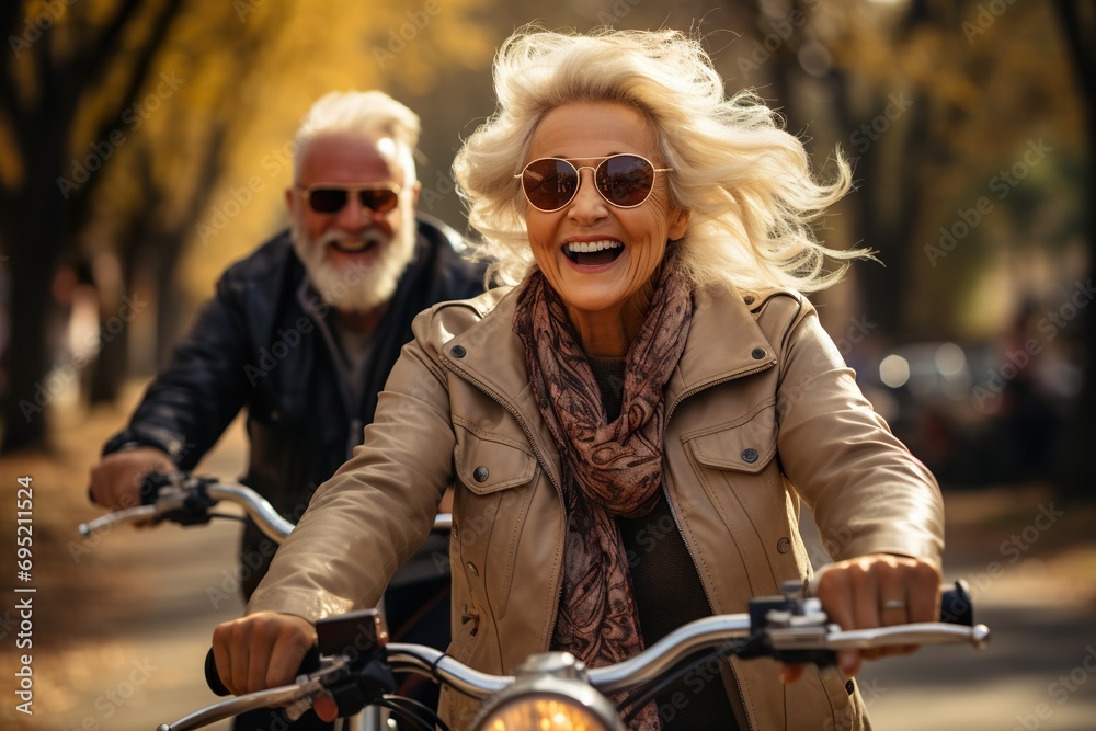 elderly couple on motorcycle for adventure