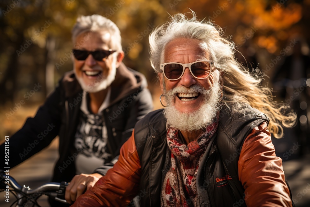 Cheerful active gay elderly couple with bicycle in park