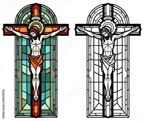Crucifix in The Style of Stained Glass with Presents Coloring Page and Cover Design Vector on a White Background
