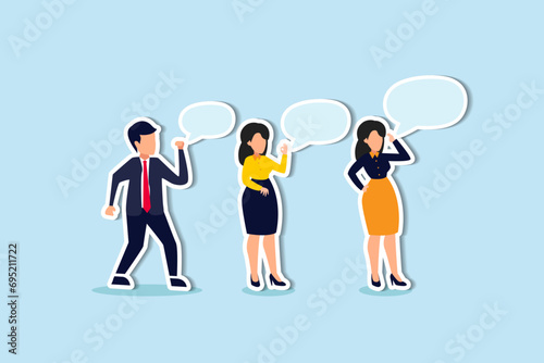 Business secret, corporate communication or viral advertising, rumor spread or colleague gossip confidential information concept, business people coworkers whispering gossip secret to team members.