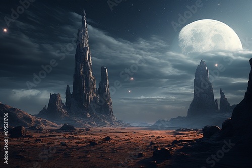 A surreal moonscape with towering, alien-like rock formations under a sky filled with multiple moons