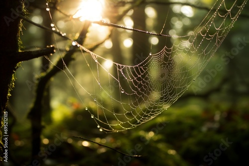 A close-up of dewdrops on spiderwebs, catching the first rays of the morning sun in a misty forest