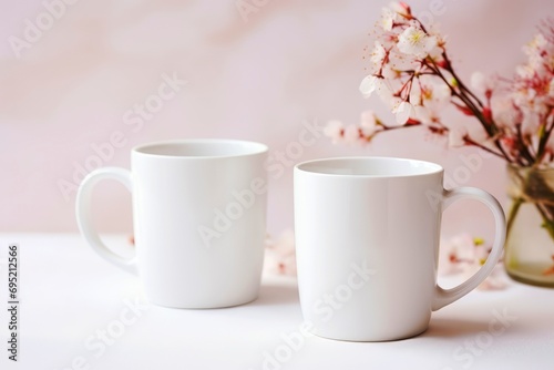 Two white coffee mugs on a table in a room with flowers decoration. Wedding or Valentine's day concept.
 photo