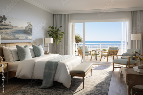 A hotel guest room with a beach theme, light colors, and a balcony overlooking the sea © Nino Lavrenkova