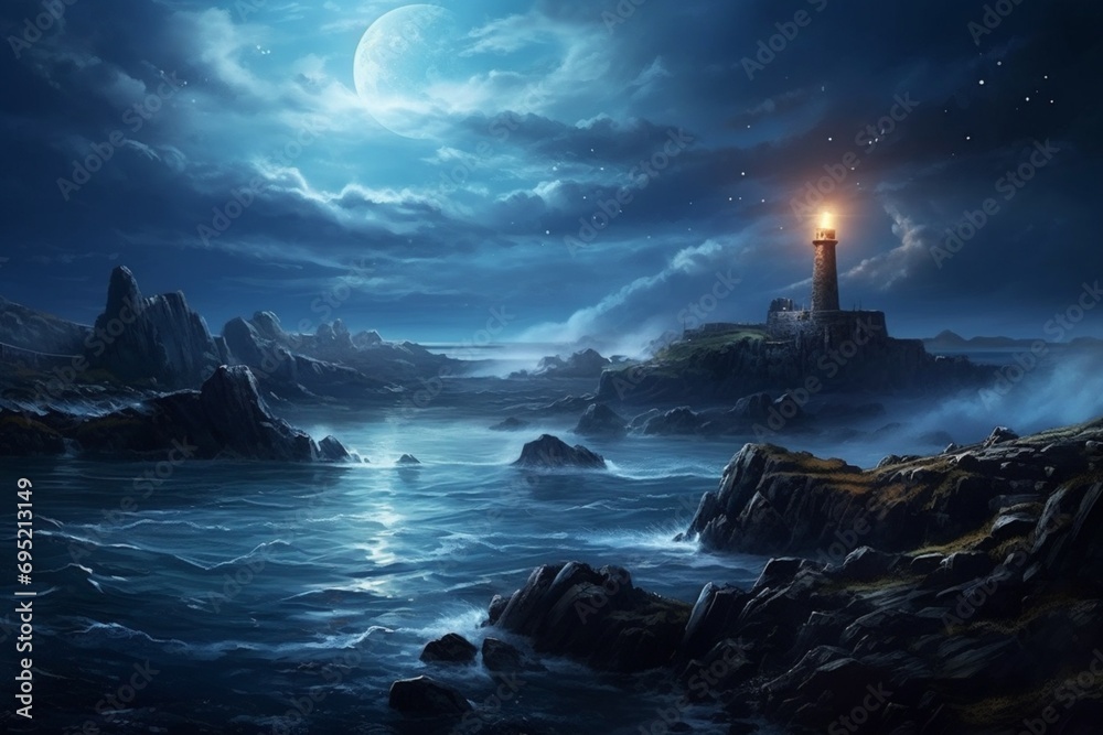 A secluded lighthouse on a rocky promontory, guiding ships through the tranquil waters under a starlit sky