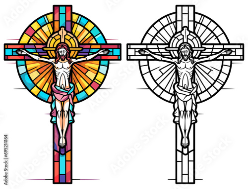 Stained glass-styled Crucifix with Presents Coloring Page and Cover Design Vector set against a white background