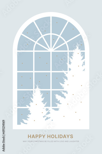 This is a background illustration of snow falling outside the window in the winter season. There are two trees outside the arched window.