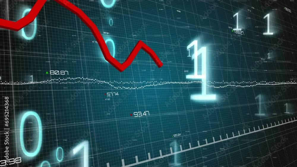 Animation of red line, binary coding data processing over dark background