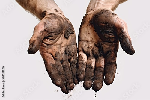 Wallpaper Mural Dirty hands concept. Hands of person are prominently featured showcasing dirt mud and grime. Close up shot emphasizes rugged nature of worker hands suggesting engagement in laborious or outdoor Torontodigital.ca