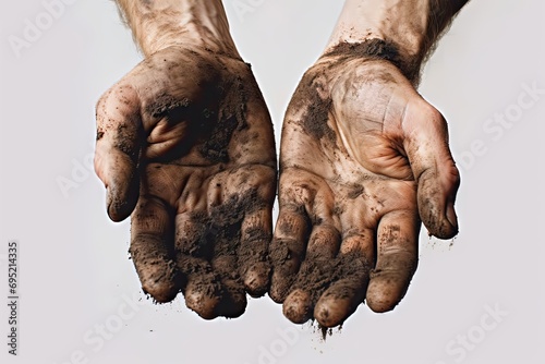Dirty hands concept. Hands of person are prominently featured showcasing dirt mud and grime. Close up shot emphasizes rugged nature of worker hands suggesting engagement in laborious or outdoor