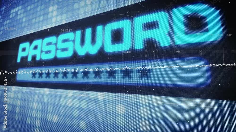 Animation of password text and data processing over dark background Animation of password text and data processing over dark background