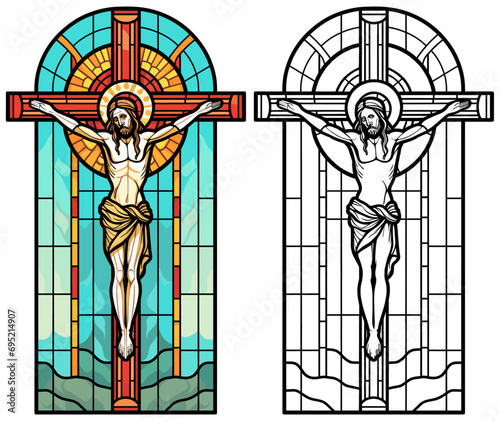 Stained Glass Crucifix with Presents Coloring Page and Vector Cover Design on a Pure White Background
