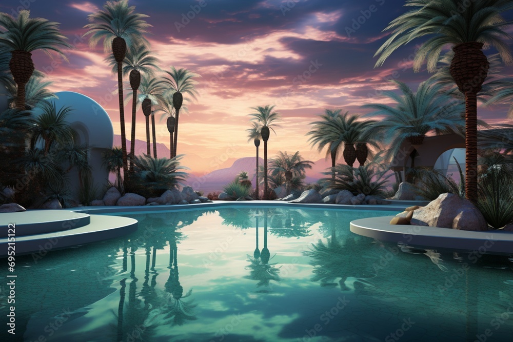 A surreal desert oasis, with palm trees and a tranquil pool mirroring the intense desert sky