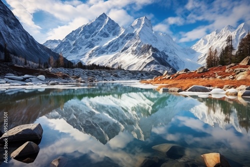 Crystal-clear reflections of snow-capped peaks on the surface of a pristine alpine lake