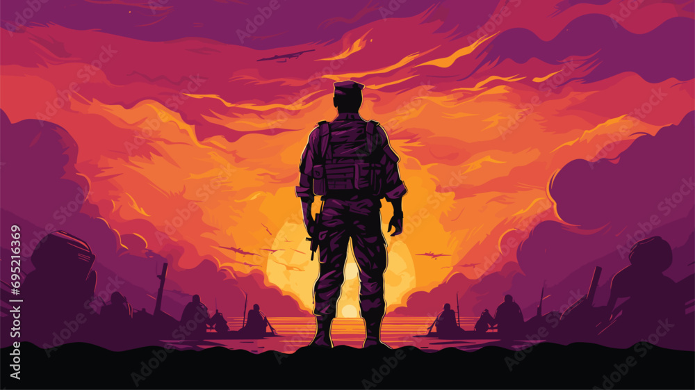 Silhouette of an army soldier person in mountains