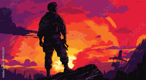vector artwork capturing the spirit of military resilience. a soldier in silhouette, stands against a dramatic sunset background with a gradient from warm oranges to deep purples.