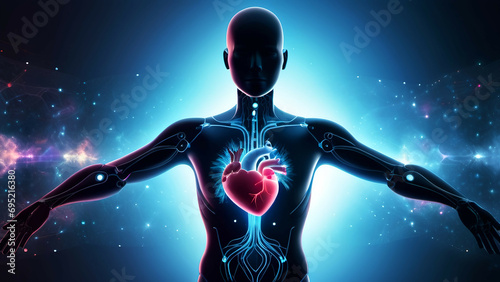 Human heart anatomy in colour background. AI generated