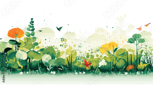 vector artwork inspired by the concept of biodiversity. The subject, an array of diverse flora and fauna, occupies a clean background.