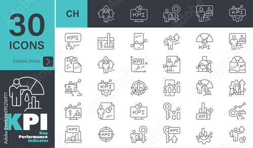KPI Icons set. 30 editable stroke vector graphic elements, Business, Data, Chart, Graph, Finance, Growth, People