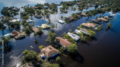 Flooded homes after hurricane, affects of major storm. Aerial view.