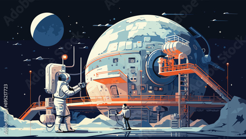 Space Exploration Vector detailed vector illustration of a futuristic space station orbiting a distant planet, with astronauts working on maintenance tasks.