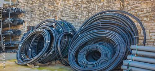 HDPE pipe for water supply. PE pipe plant, Industrial PE pipes photo