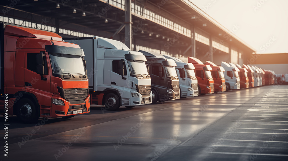 Trucks parked at the manufacturing plant of cars, ready to delivery new vehicles. - obrazy, fototapety, plakaty 